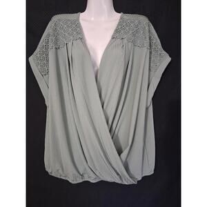Rio & Rian Women's Mint Green Faux Wrap Draped Ribbed Embroidered Blouse, 3X